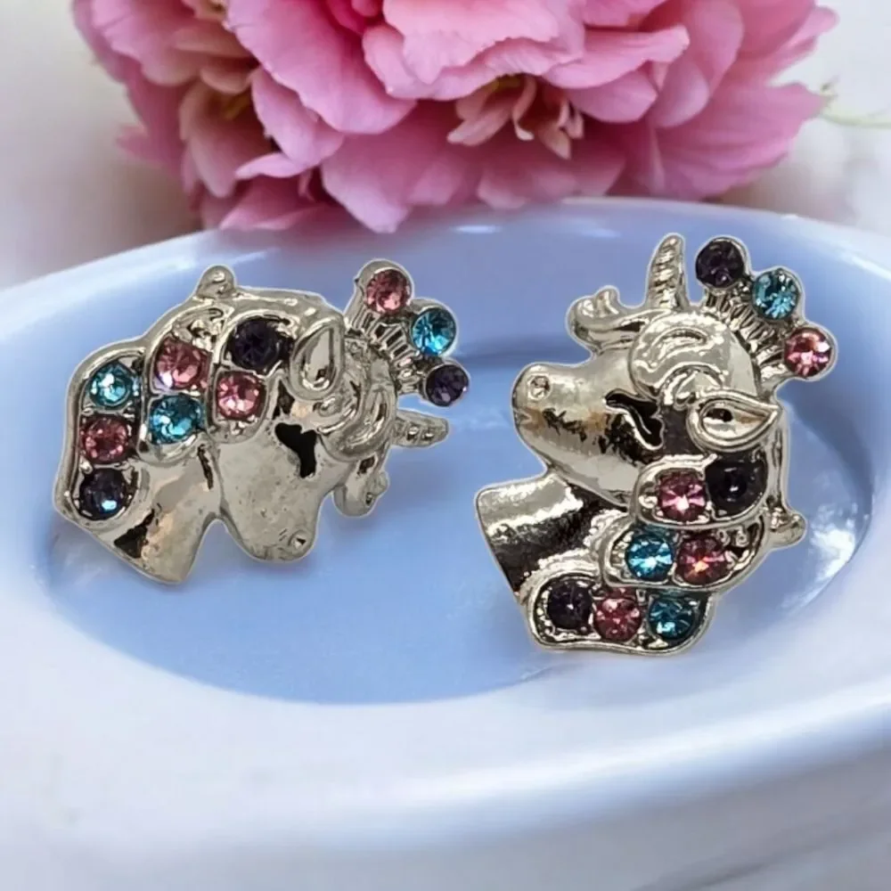 Unicorn Rhinestone Silver Earrings Sparkly Pierced Ears Fantasy Fashion Jewelry